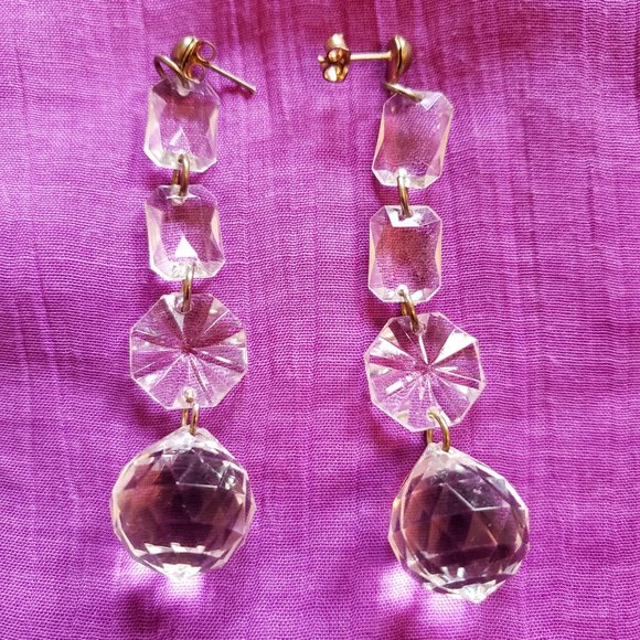 Lot of Vintage Vtg 4 Clear Glass Crystal Dangle Earrings 1 Chunky Rectangle Ring - Picture 6 of 9